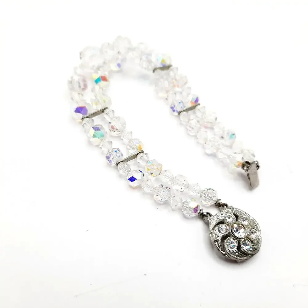 Vintage 1950s Wedding Bracelet, Aurora Borealis Crystal Beads, Rhinestone Clasp